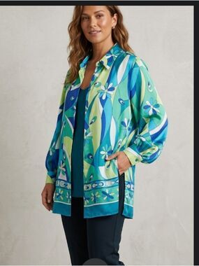 Retro Style 100% Silk Green Blue Blouse By Isadora Story SZ: 1X STYLE#3362